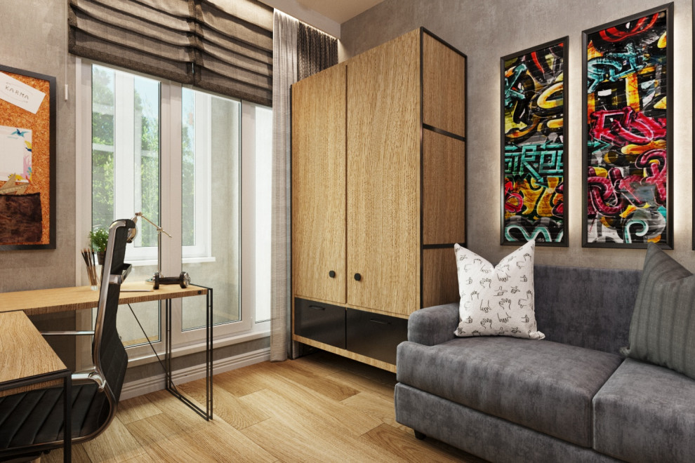 Комната подростка. Ламинат с переходом на стену.