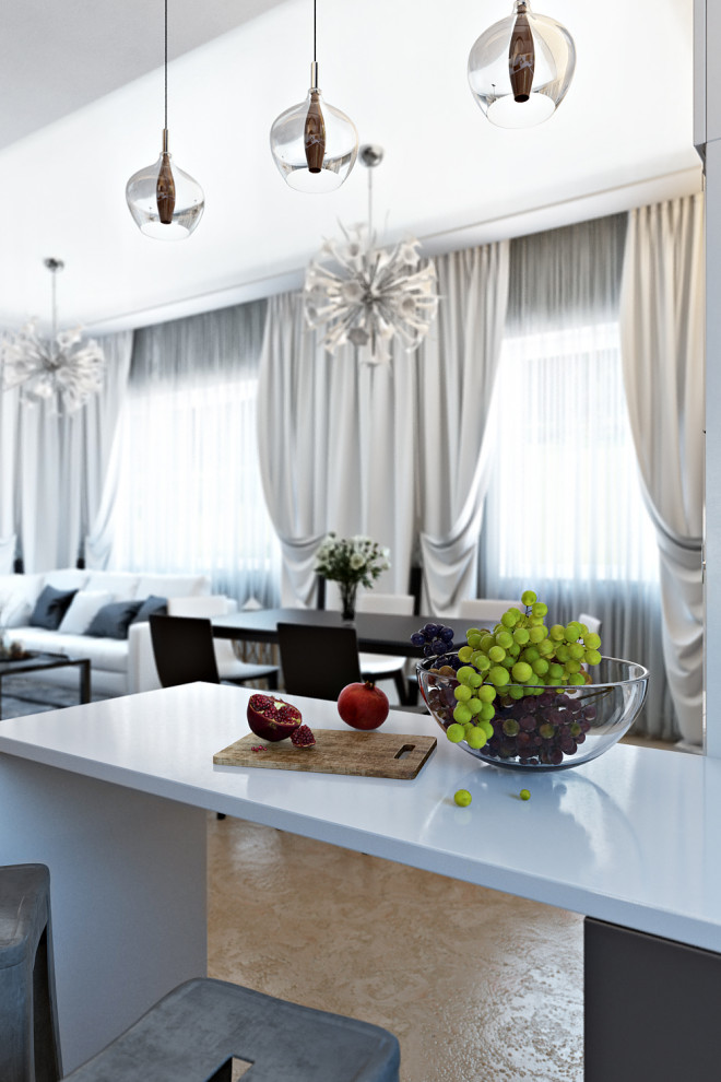 Дизайн гостиной и кухни в коттедже в современном стиле