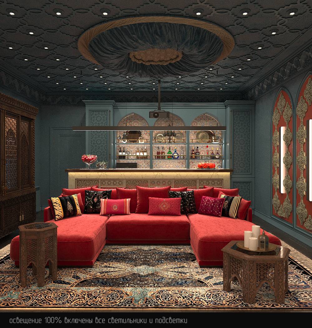 Интерьер кинозала в цокольном этаже загородного дома в Восточном стиле