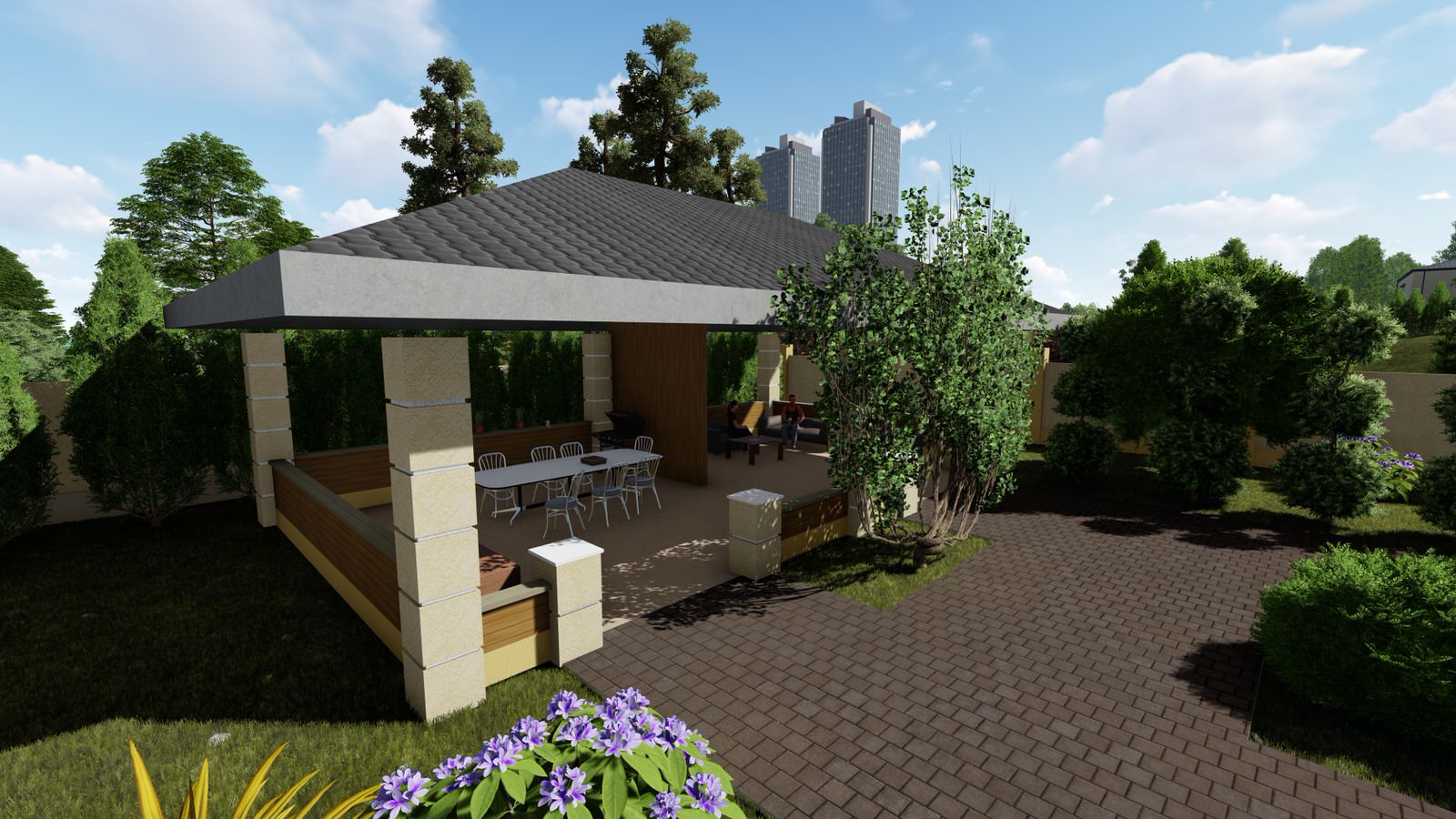 Одноэтажный дом с беседкой