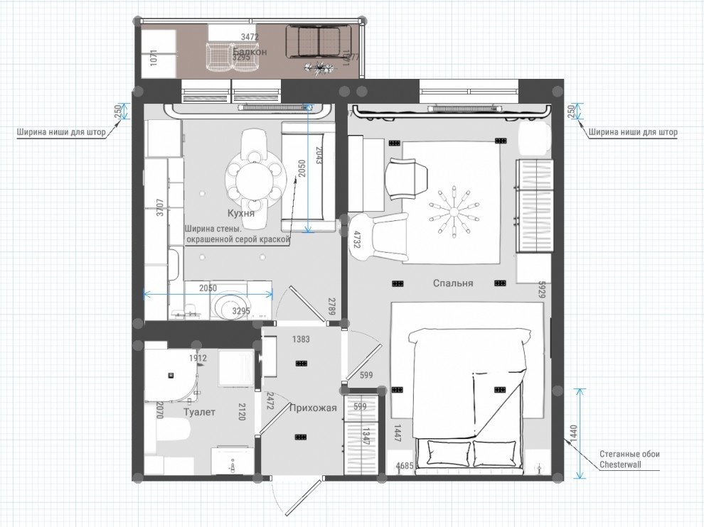 Яркая однокомнатная квартира с гардеробной и без (2 варианта планировки)