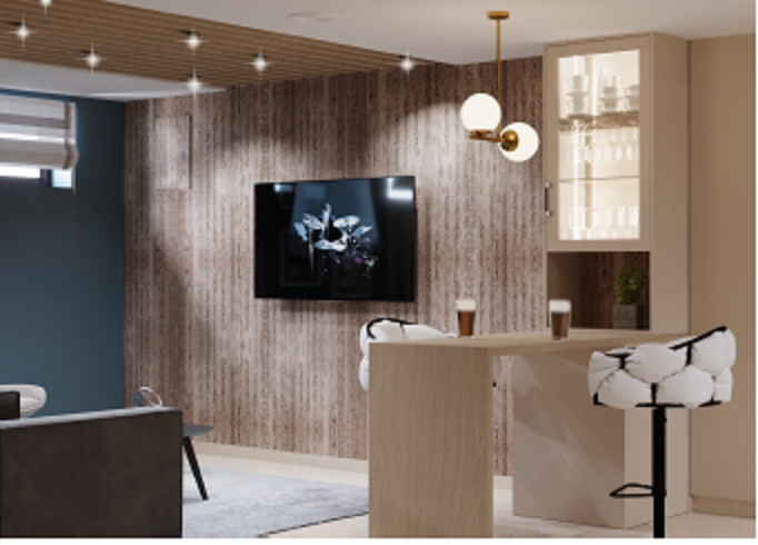 Дизайн проект загородного дома - 1 этаж - зона сауны и комнаты отдыха с баром