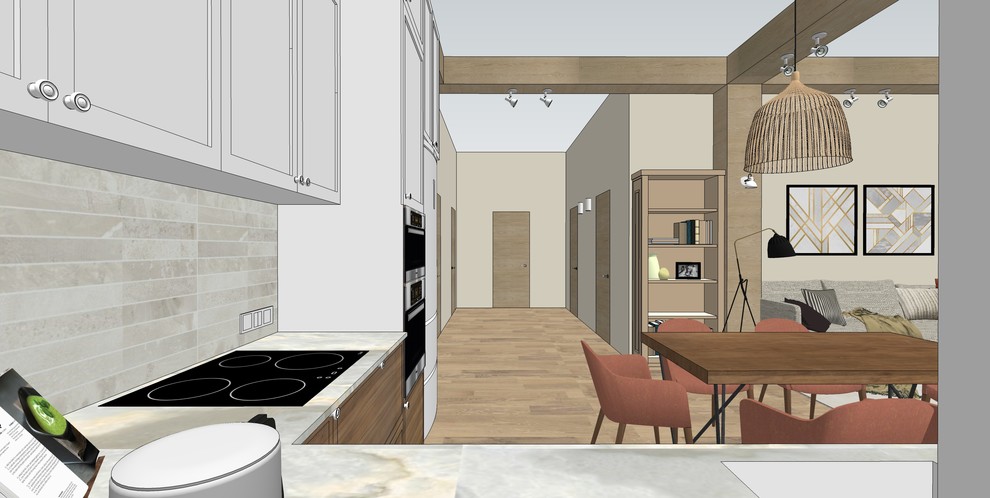 Деревянные балки в современной кухне-гостиной