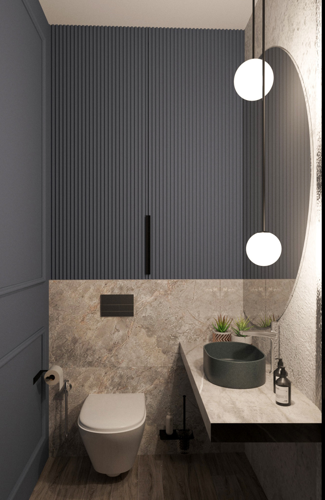 Просторная квартира в синими стенами