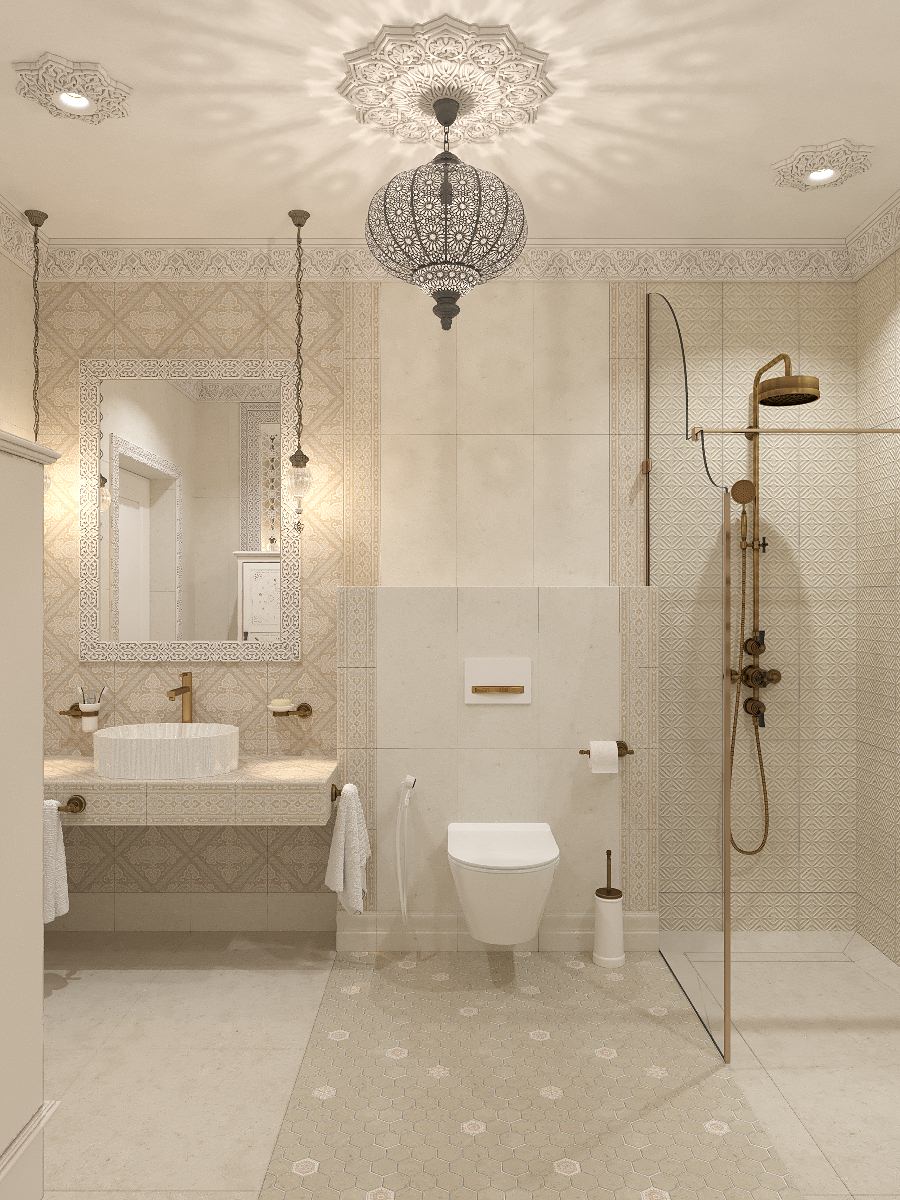 Интерьер санузла в цокольном этаже загородного дома в Восточном стиле.