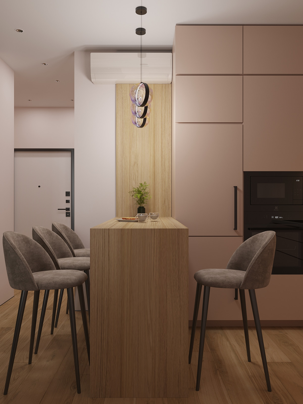 Уютная кухня-гостиная с  вечерним сценарием освещения