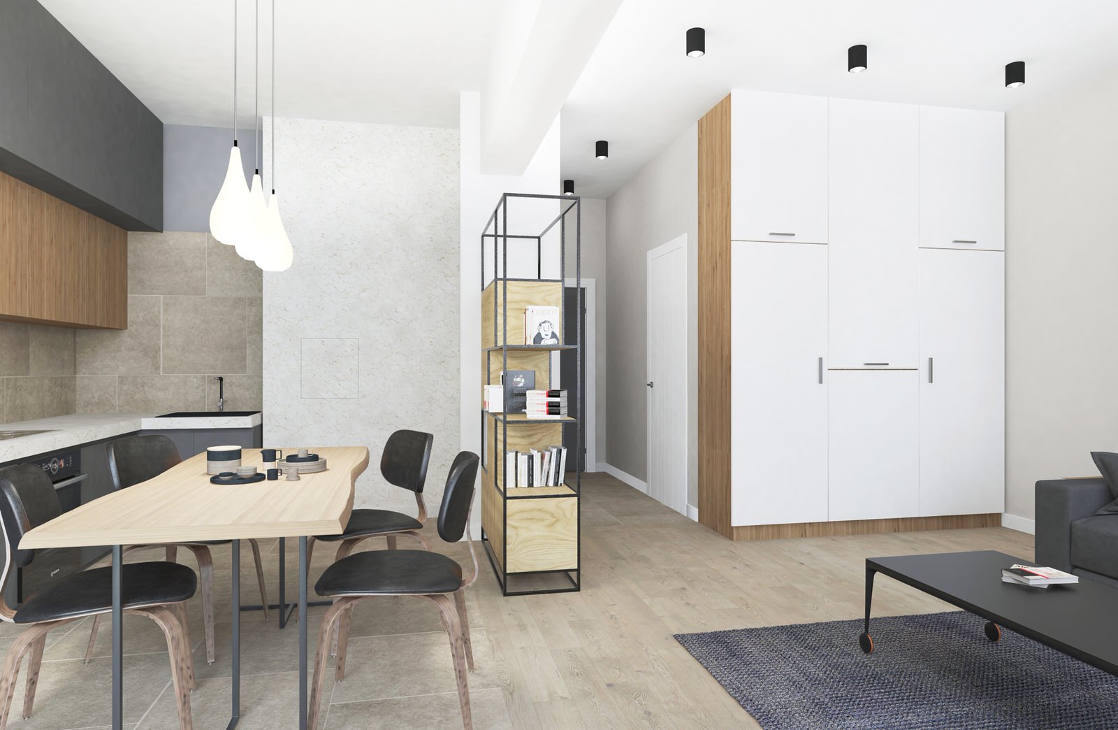 Стиль минимализм + лофт.  "Графит и картон"