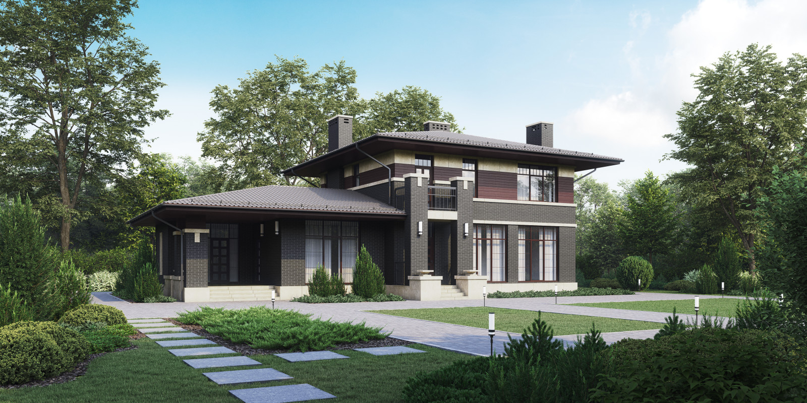 Обложка проекта: Кирпичный дом М412 в стиле Райта