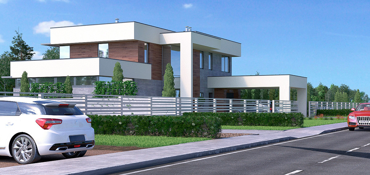 Современный дом с баней на одном участке у леса