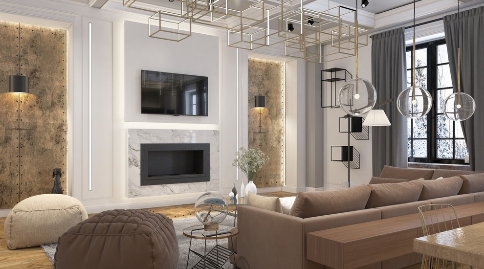 Интерьер кухни-гостиной в частном загородном доме