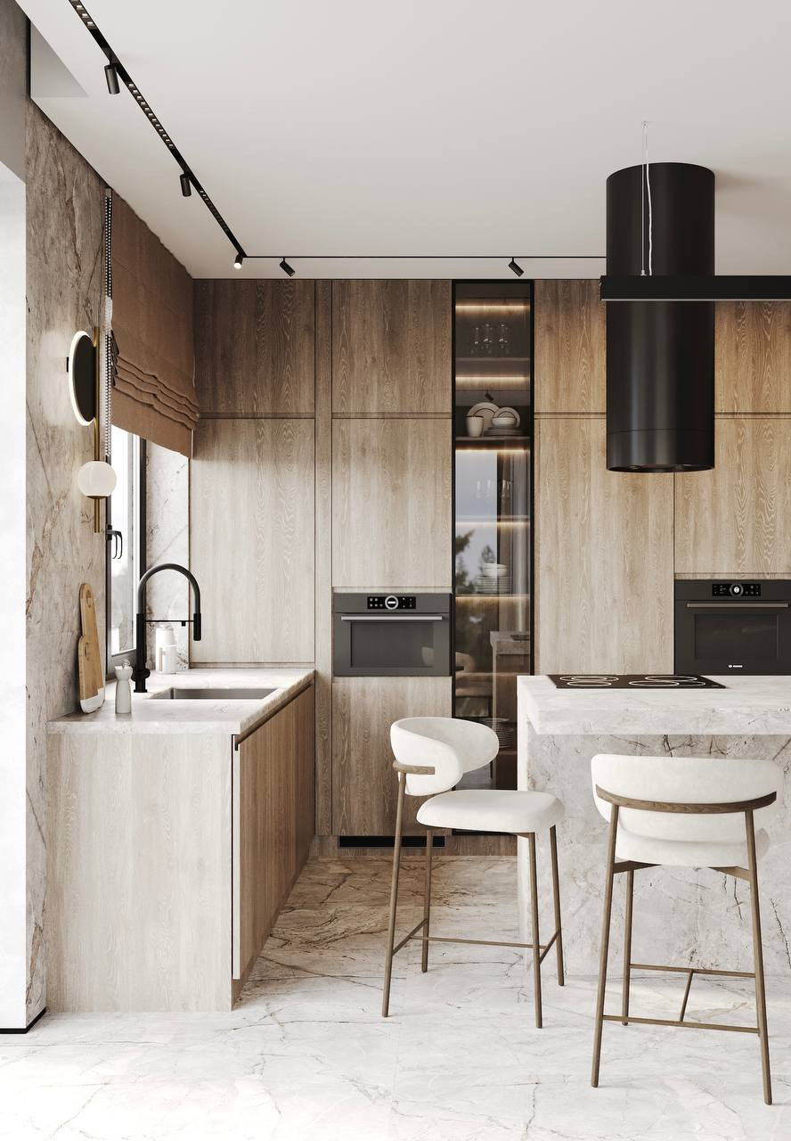 "Дом для двоих", частный дом, представлена входная группа и кухня- гостиная.