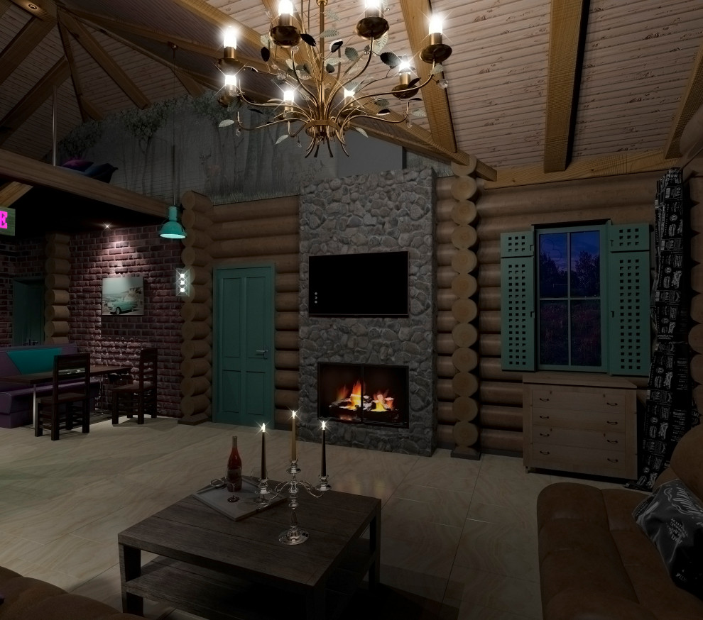 Гостинная дома из сруба в стиле кантри