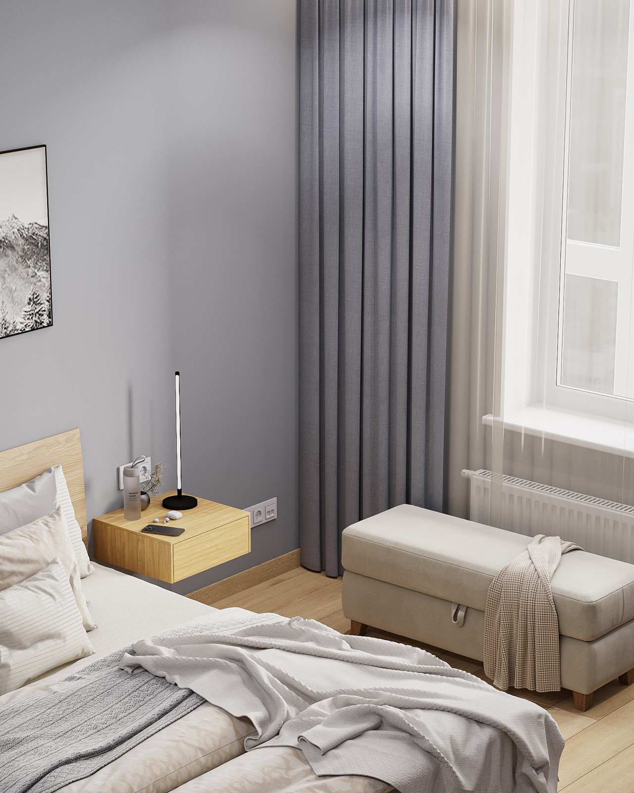 Аскетичный интерьер спальни для молодой пары