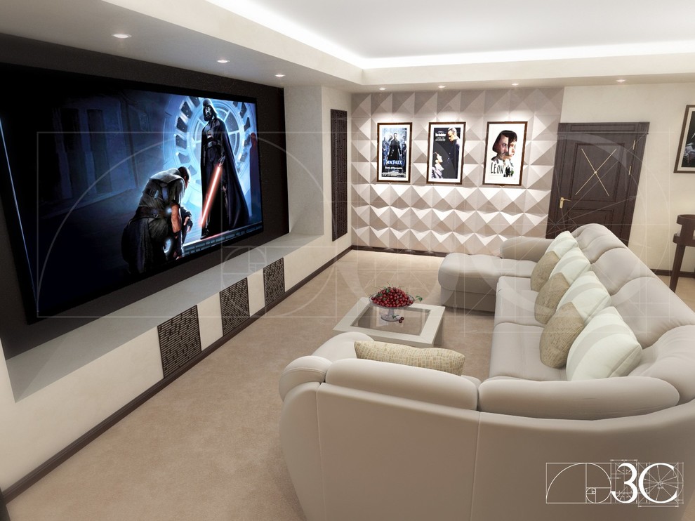 Домашний кинотеатр с баром в светлых тонах