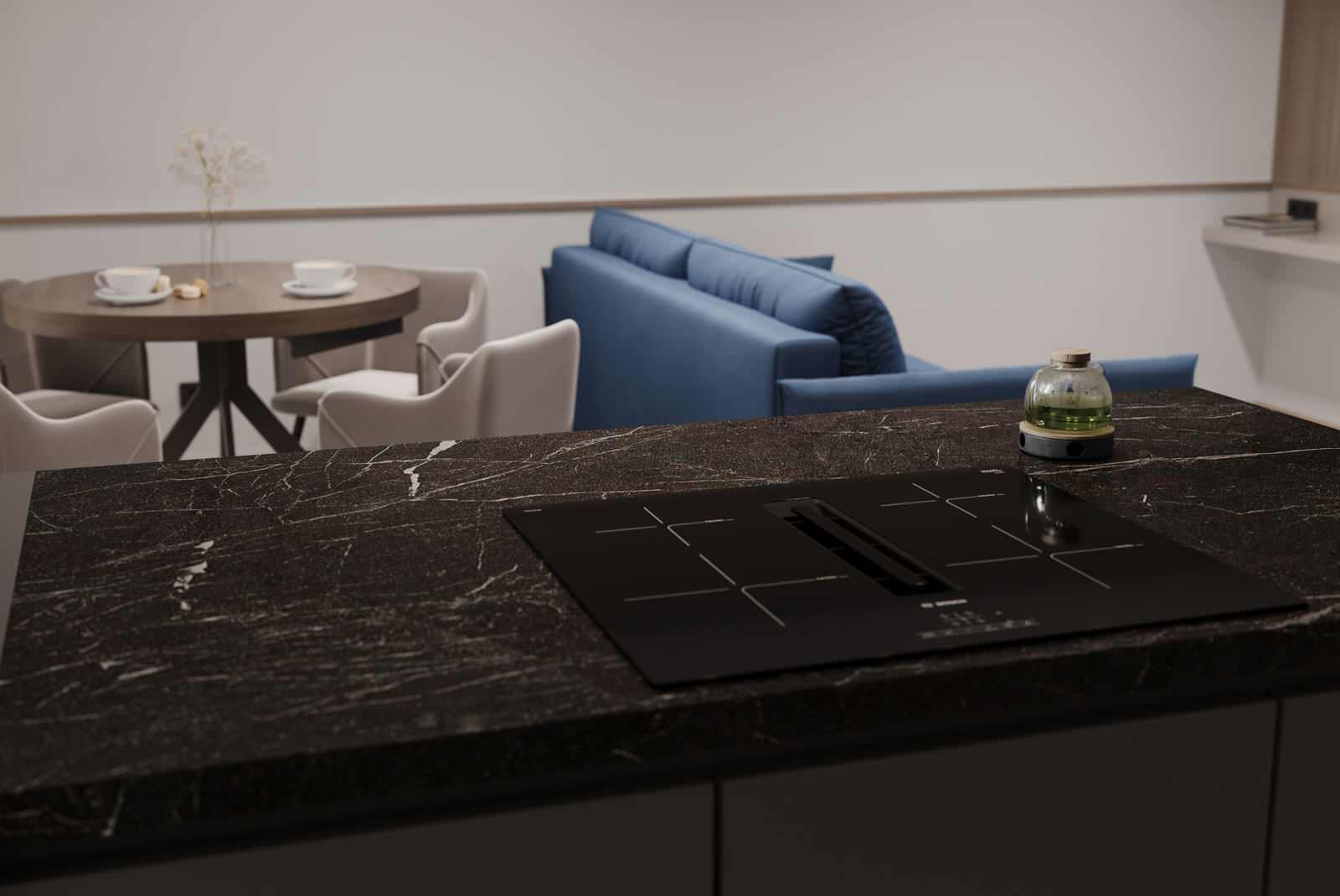 Современный интерьер с яркими акцентами и геометрическими формами