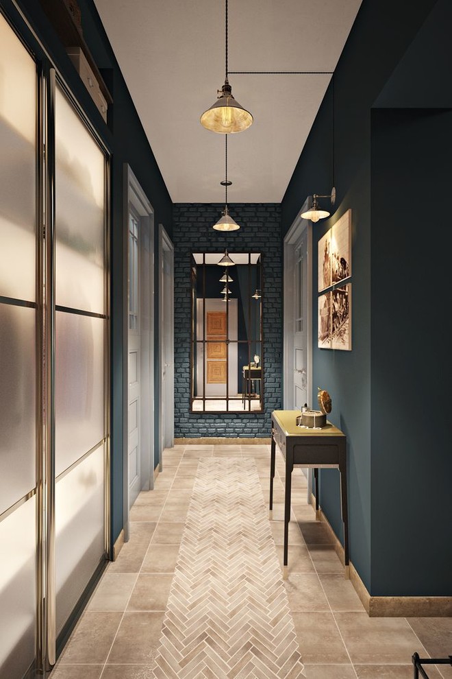 Лаконичный коридор в стиле лофт, с интересным сочетанием цветов и множеством при