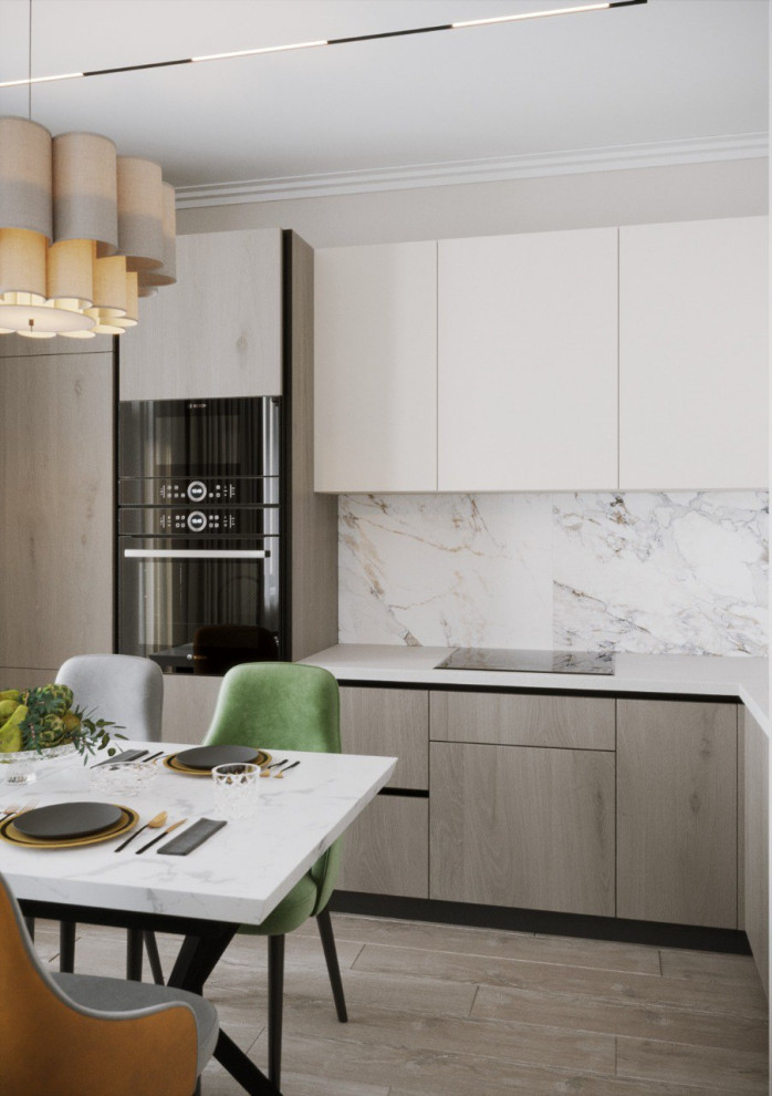 Яркий дизайн кухни-гостиной для молодой семьи