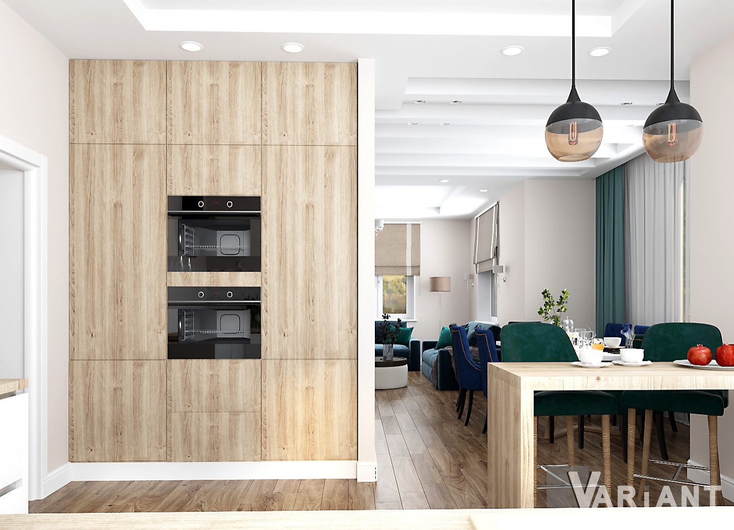 кухня-гостиная с синими диванами