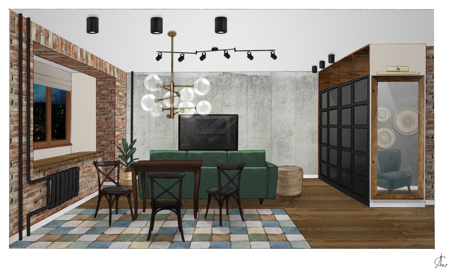 Проект квартиры в стиле лофт, бохо, фьюжн