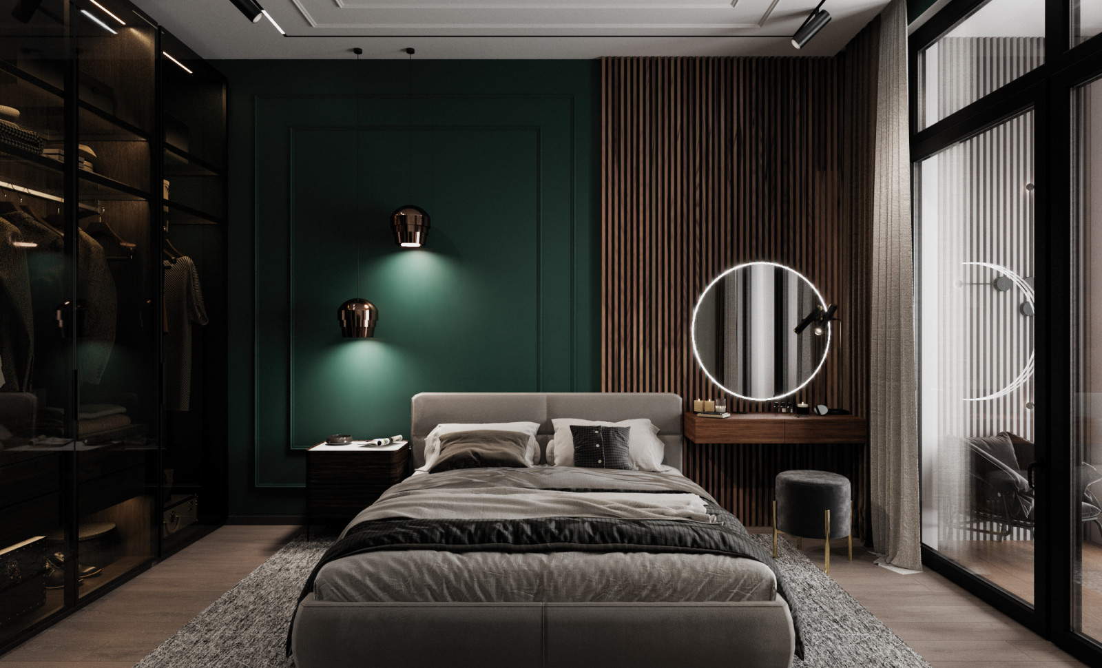 Дизайн спальни с изумрудным цветом и гардеробной комнаты