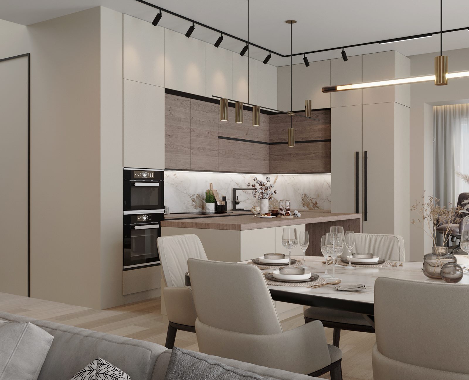 Кухня-гостиная в светлых тонах