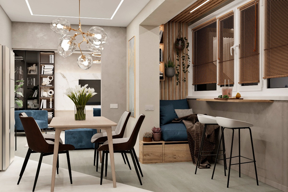 Уютная кухня-гостиная с камином