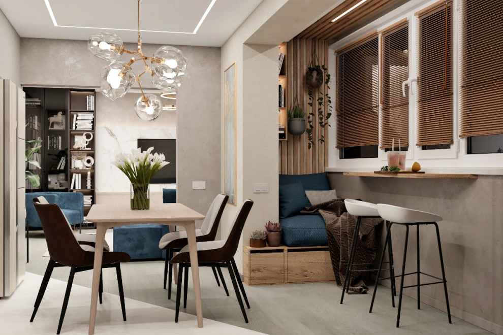 Уютная кухня-гостиная с камином