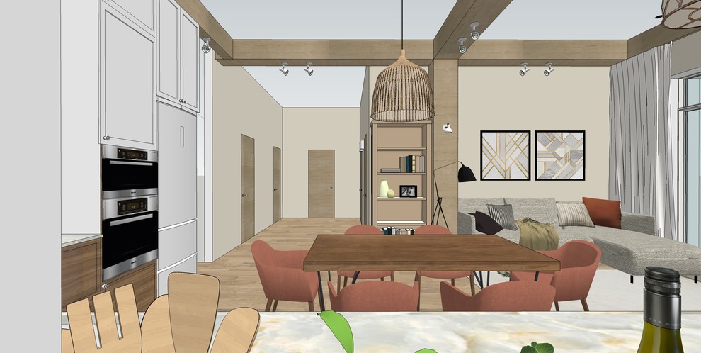 Деревянные балки в современной кухне-гостиной