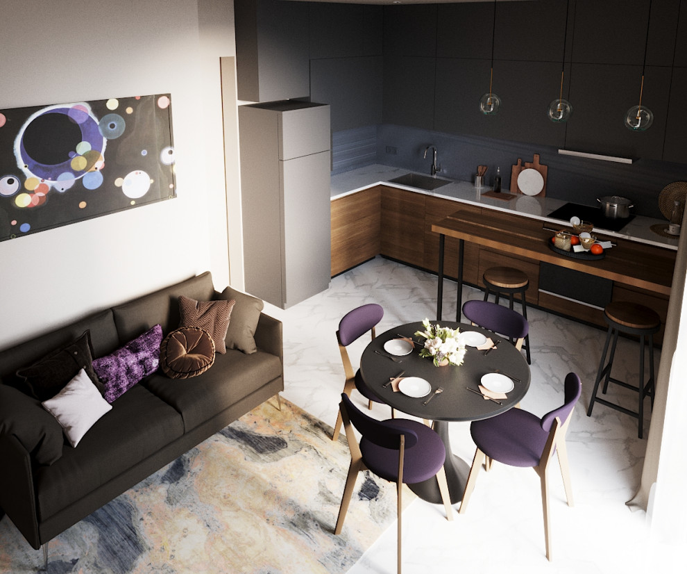 Темно-фиолетовая кухня-гостиная
