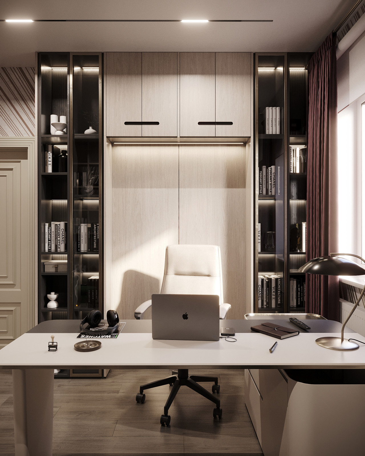 Дизайн и 3д-визуализация кабинета в загородном доме. Вариант 1.