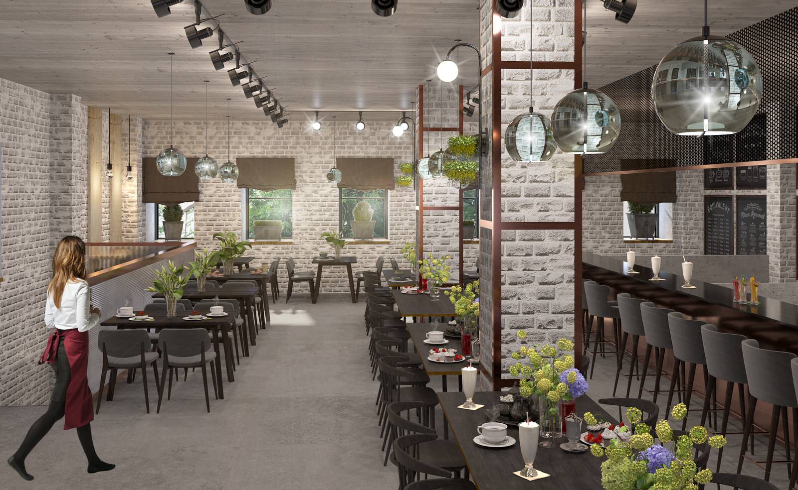 Interior visualisation of food court Manor of Food in the center of Moscow