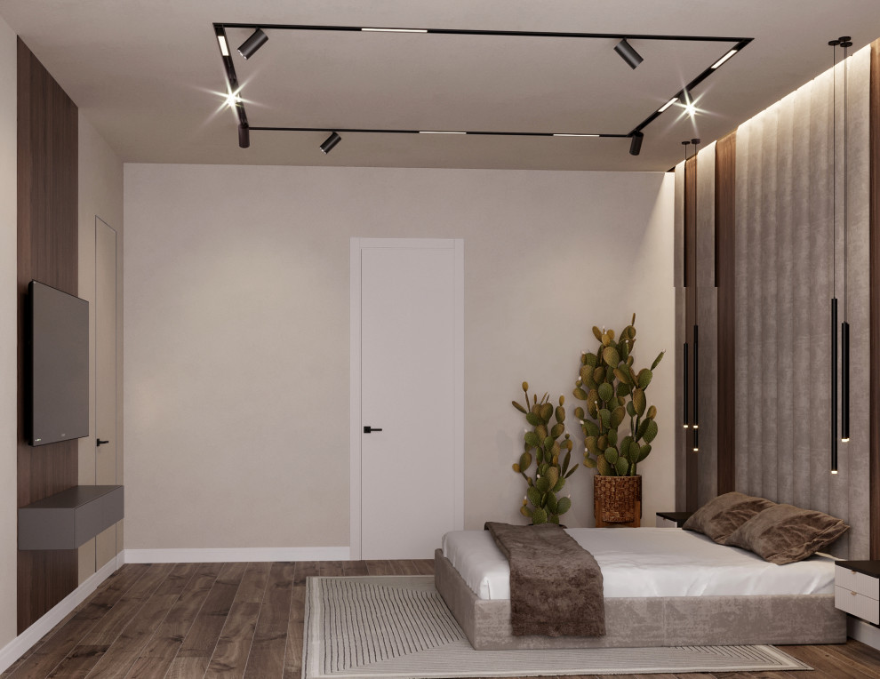 Дизайн спальни, привлекательным элементом служат кактусы.