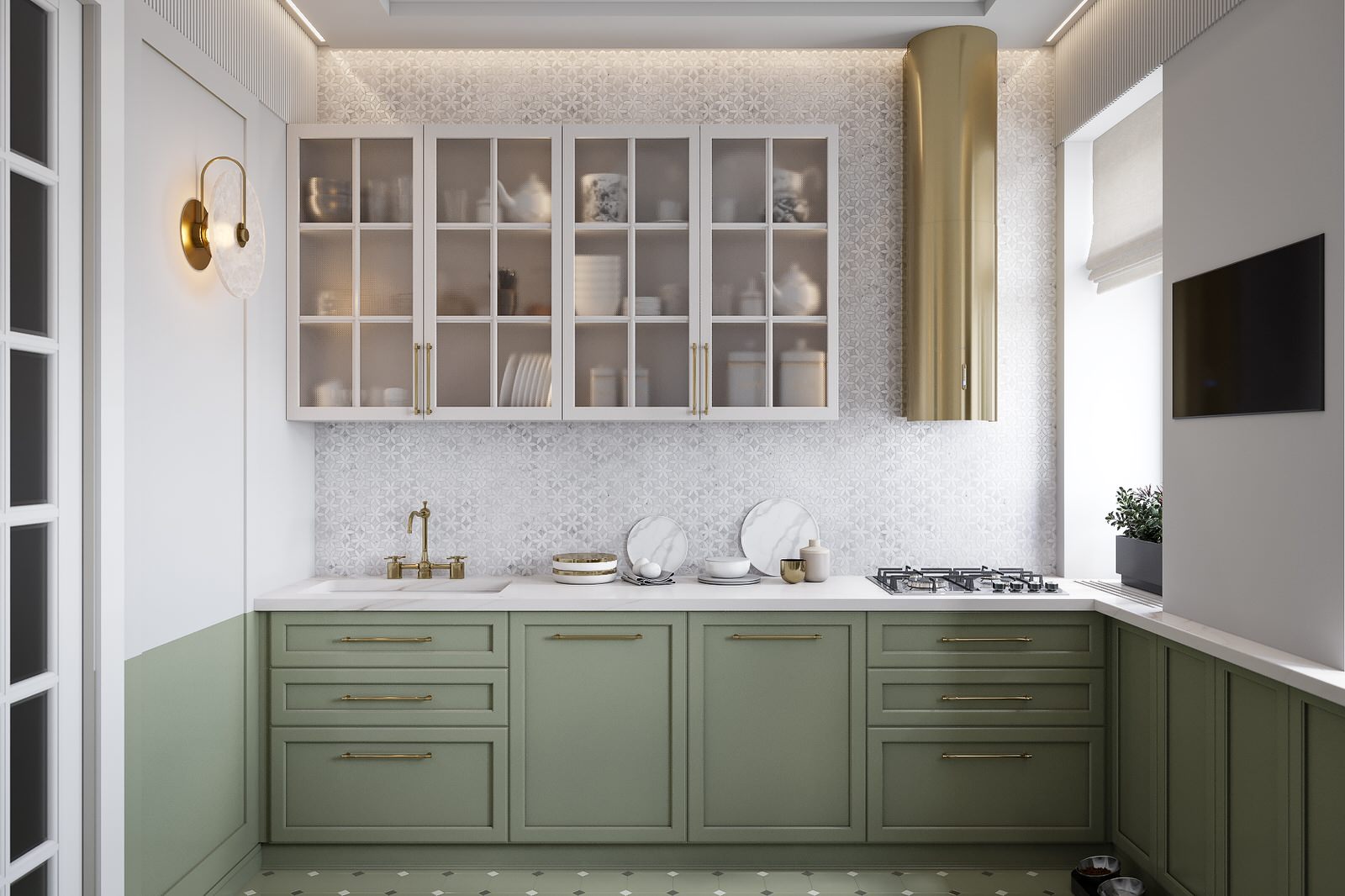 Кухня с мраморной мозаикой на стене