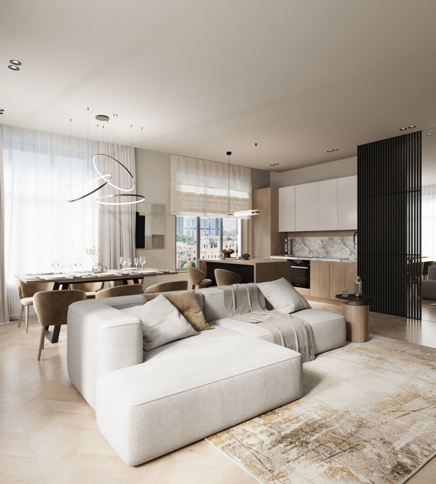 Современный минимализм кухня-гостинная