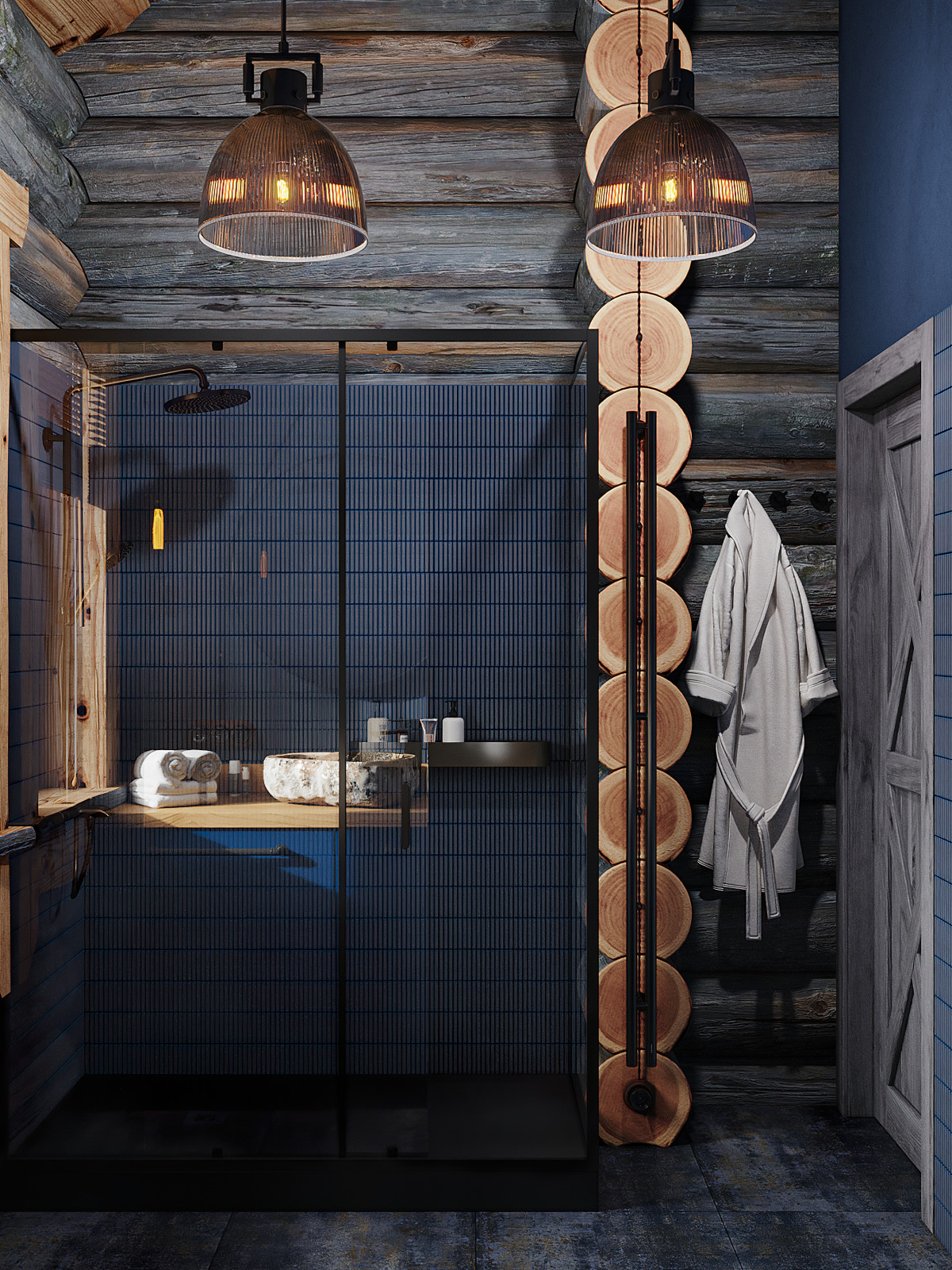 Дом из кело для рыбалки. Душевая комната