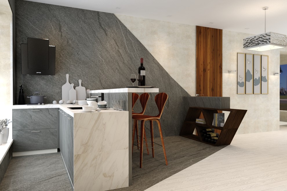 Дизайн проект гостиной столовой и кухонной зон.