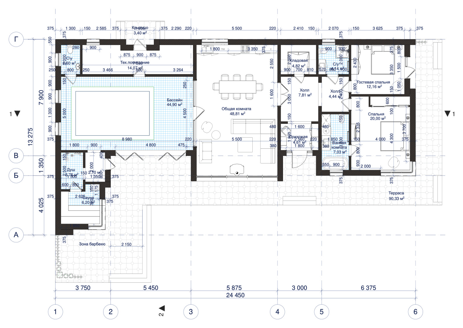 Одноэтажный дом с бассейном
