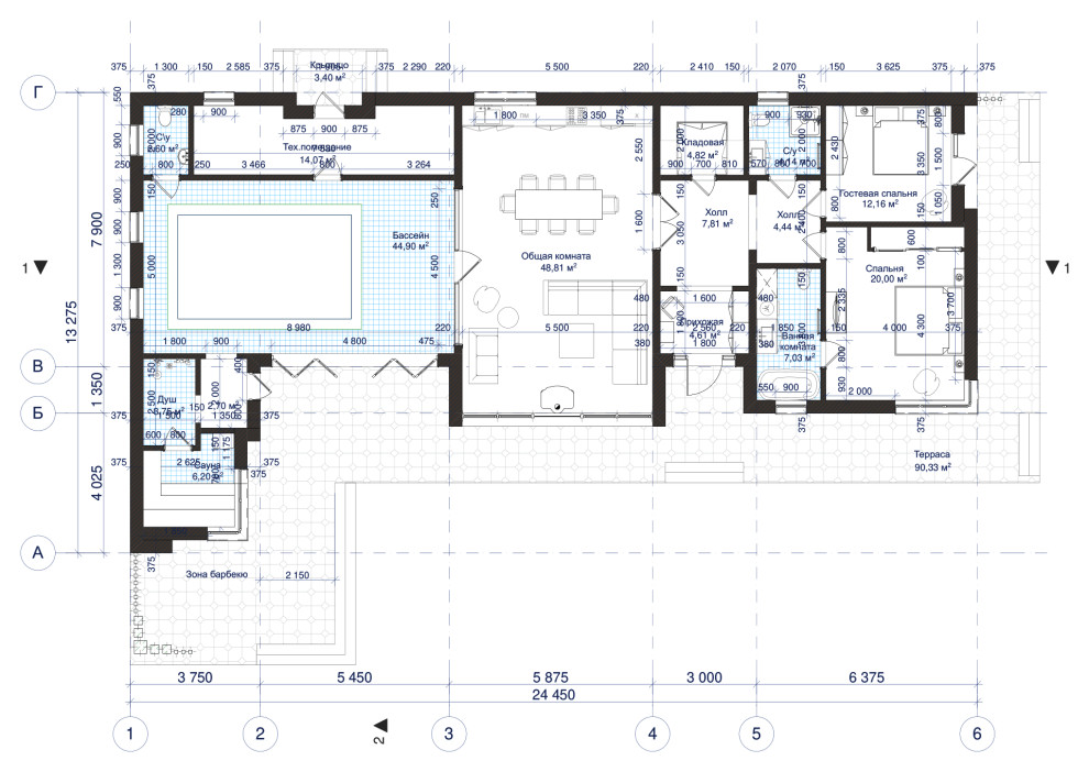 Одноэтажный дом с бассейном