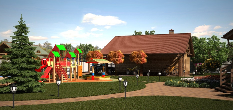 Ландшафтный дизайн для дома из оцилиндрованного бревна