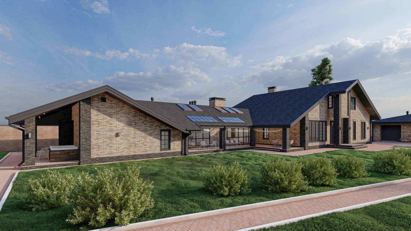 Жилой дом с мансардой, пристроенным банным комплексом и гаражным комплексом