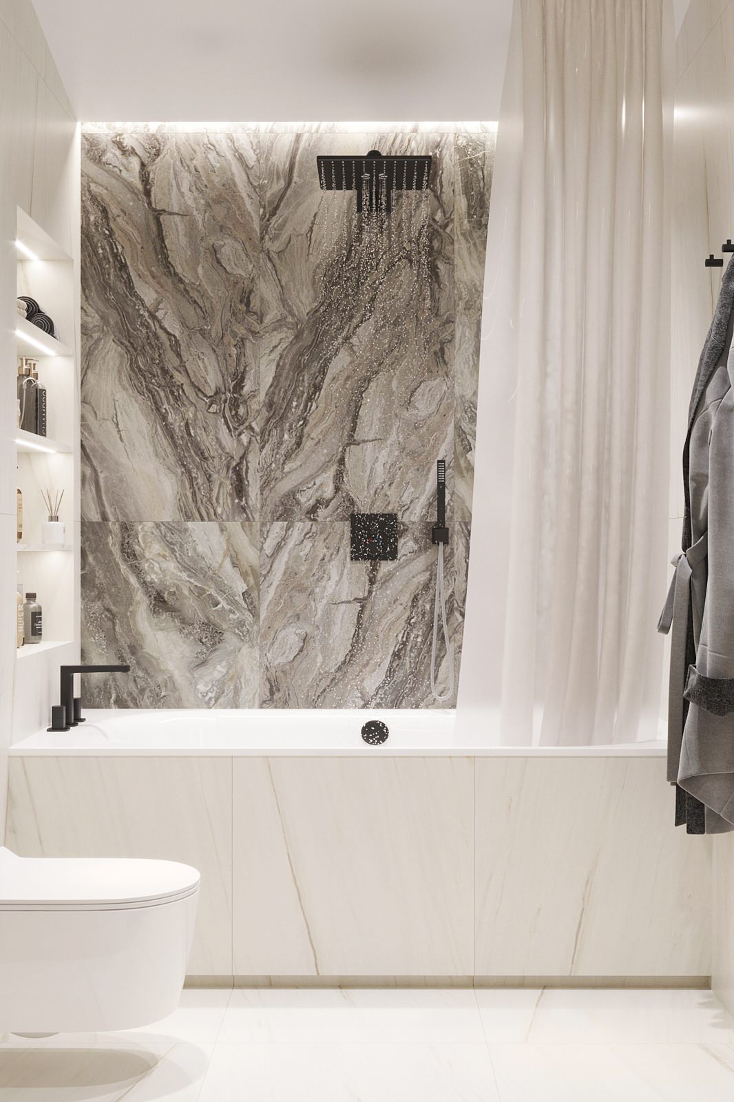 Белые интерьеры спальни и ванной комнаты