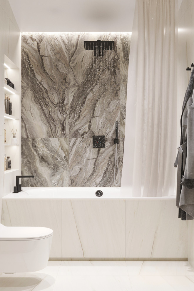 Белые интерьеры спальни и ванной комнаты