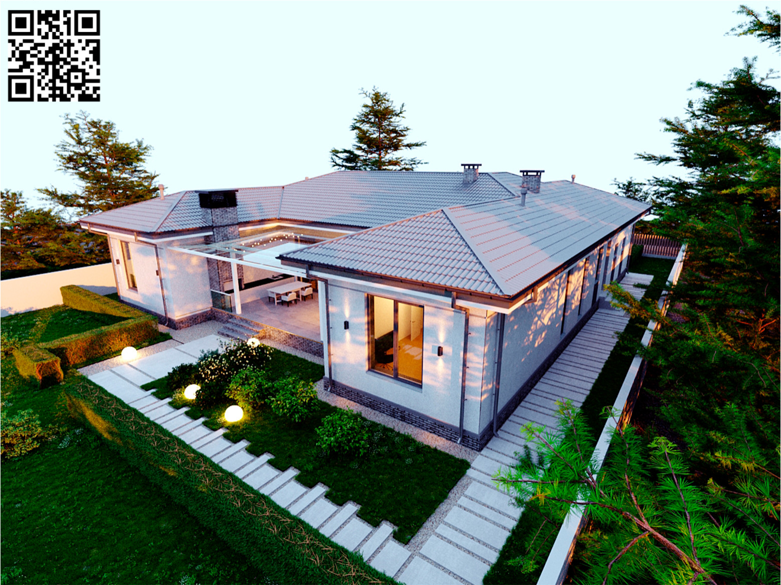 Одноэтажный дом в современном классическом стиле