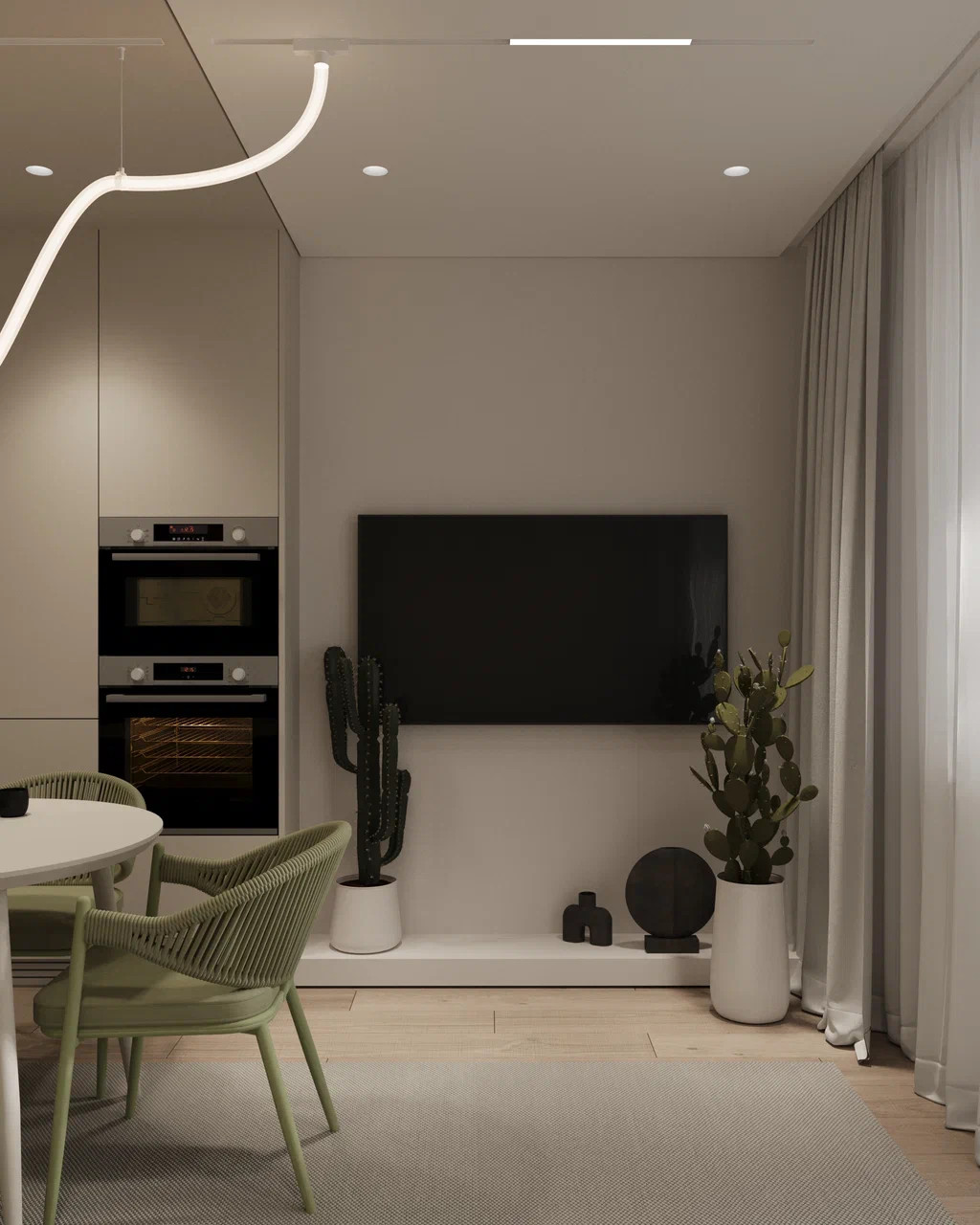 Дизайн кухни-гостиной с акцентным оливковым