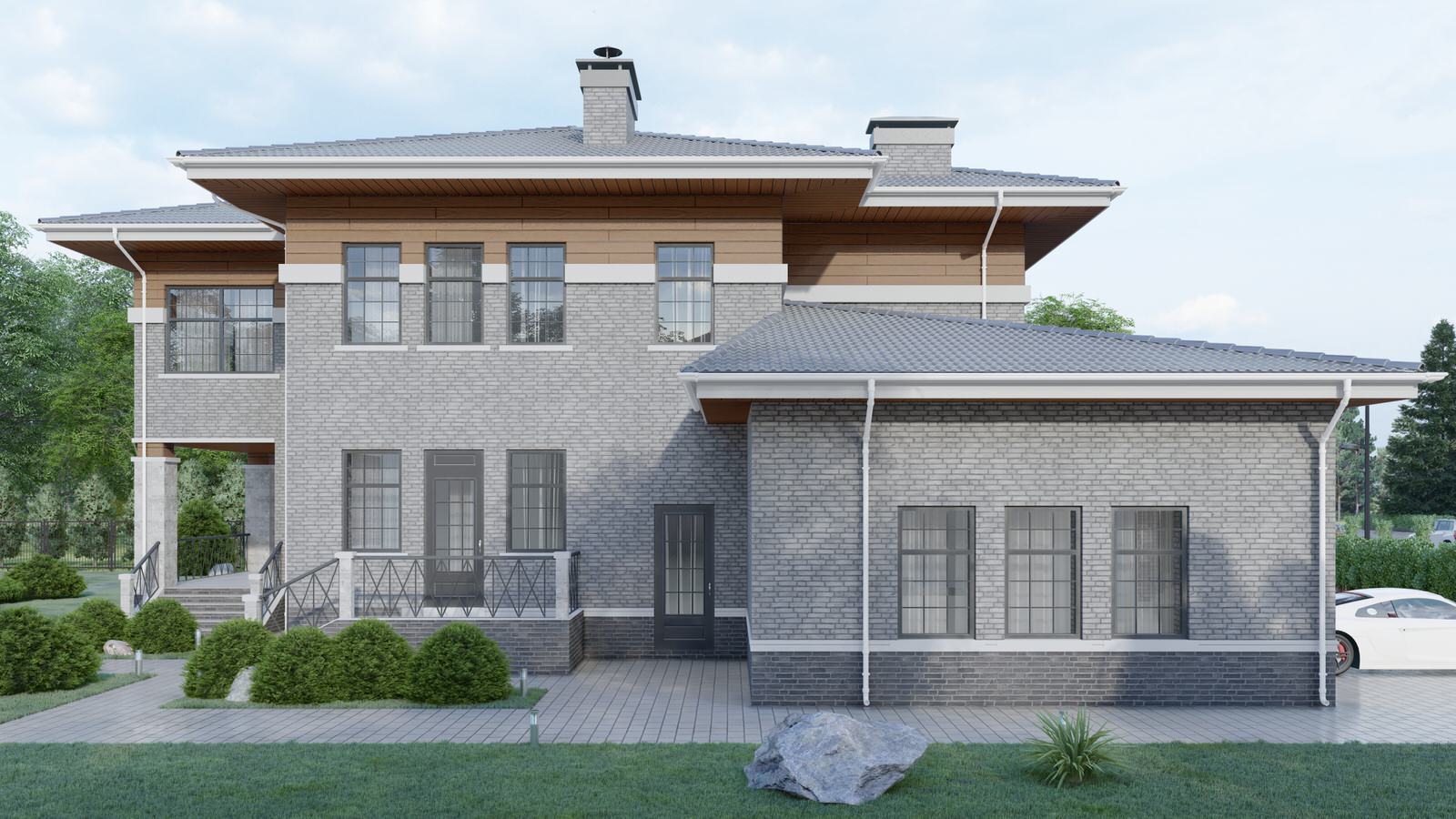 Дизайн фасадов загородного дома в Миллениум Парке в стиле Райта