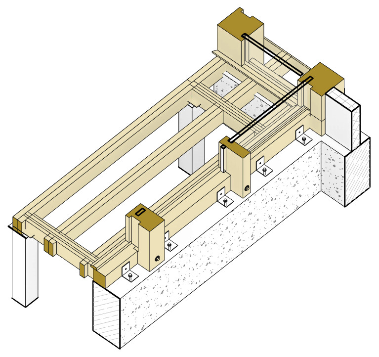 Узел крепления деревянного каркаса к монолитному фундаменту