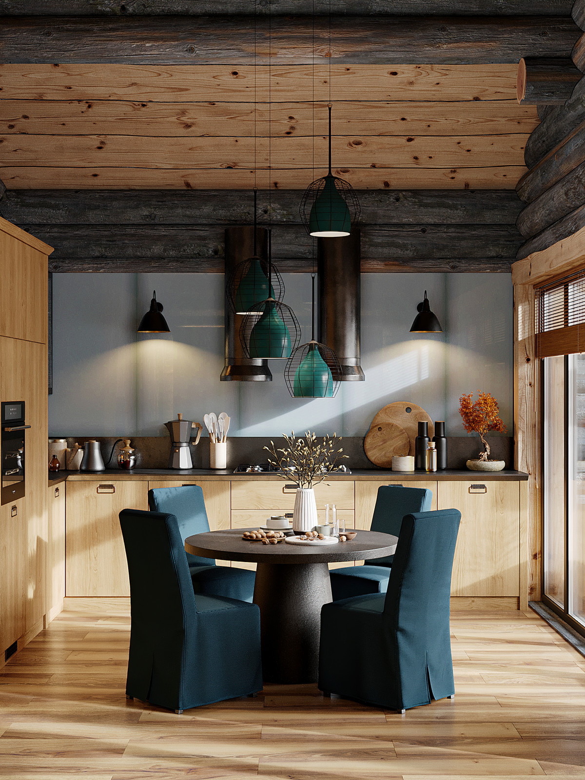 Обложка проекта: Дом из кело для рыбалки. Кухня-гостиная