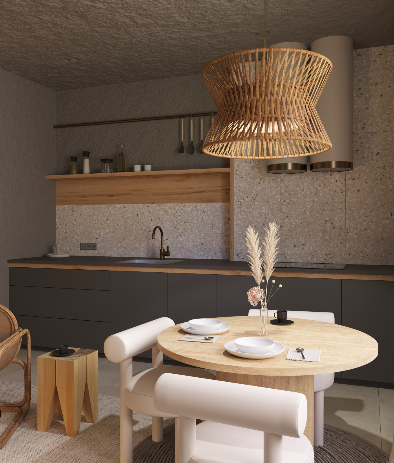 Кухня-гостиная в стиле ваби-саби из дизайн-проекта в ЖК 8Клёнов, Москва