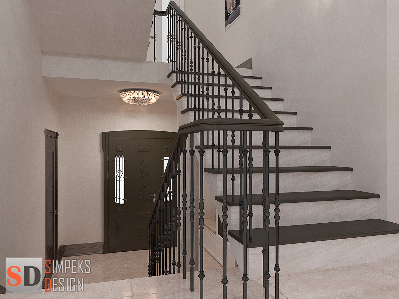 Лестница с деревом на второй этаж