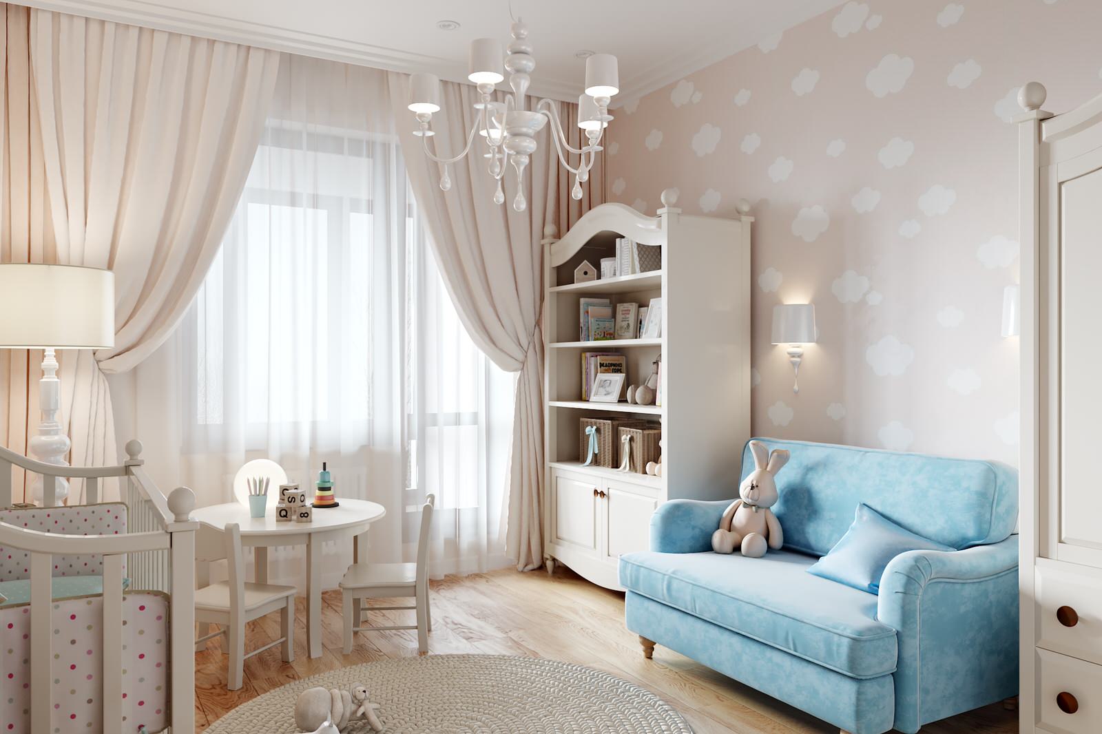 Нежный бело-голубой интерьер